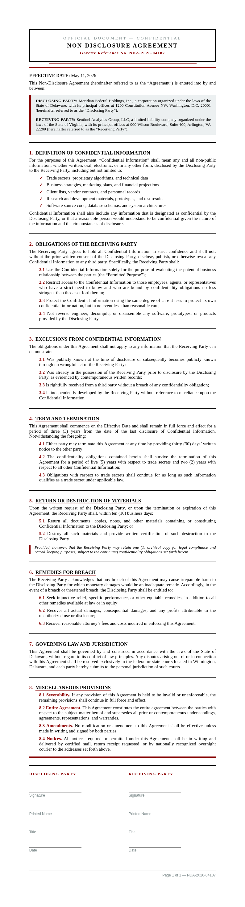Government gazette Non Disclosure Agreement